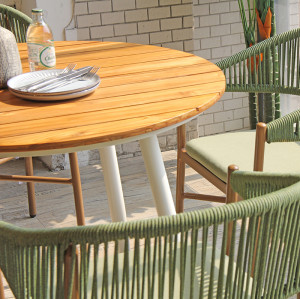 Round Dinner Table Weatherproof Teakwood Slat Top Aluminium Legs