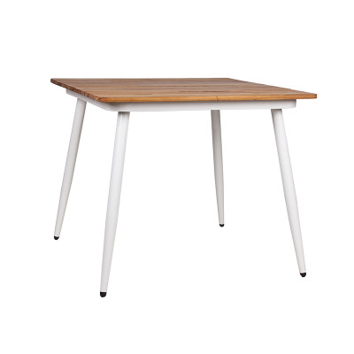 Weather Resistant Outdoor Dining Square Table Metal Frame Teakwood Top