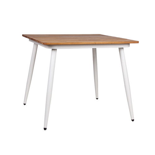 Weather Resistant Outdoor Dining Square Table Metal Frame Teakwood Top