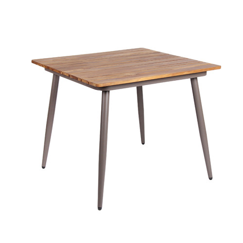 Weather Resistant Outdoor Dining Square Table Metal Frame Teakwood Top