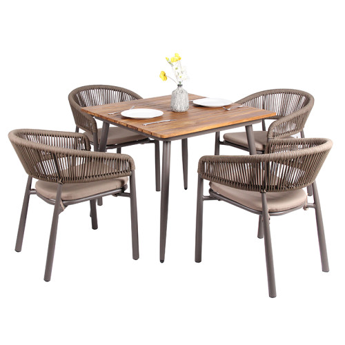 Weather Resistant Outdoor Dining Square Table Metal Frame Teakwood Top
