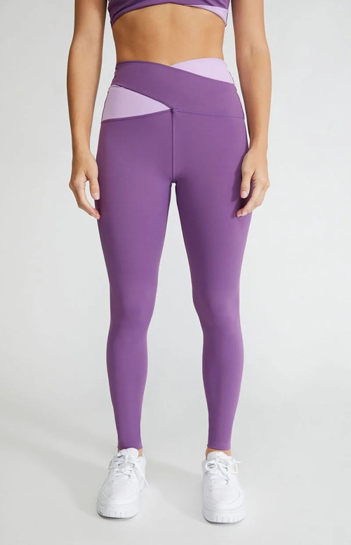 High Waist Crossover Yoga Leggings Color Block Full Length Tights With Back Zipper Pockets