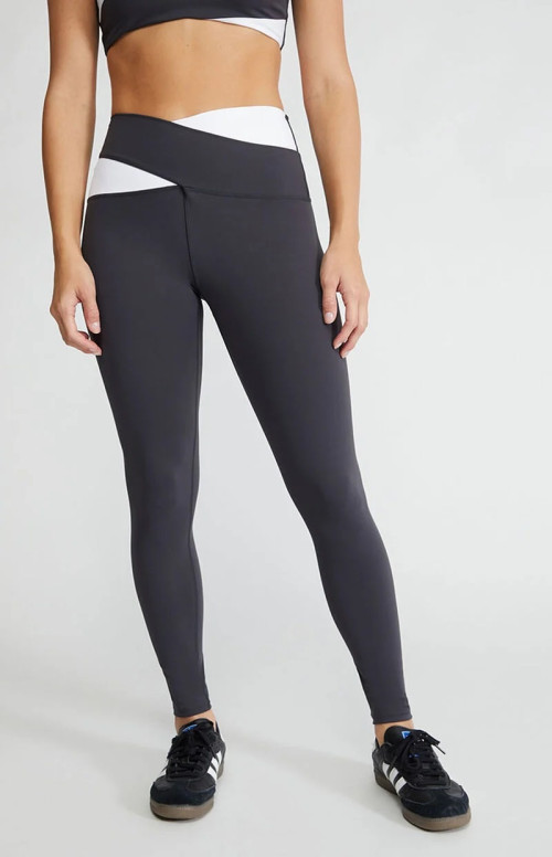 High Waist Crossover Yoga Leggings Color Block Full Length Tights With Back Zipper Pockets