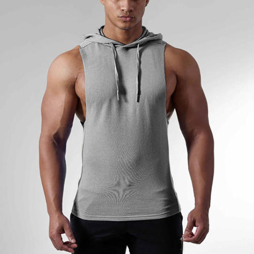 Men's Fitness Cotton European Code Solid Color Sleeveless Hooded Gym Tank Top