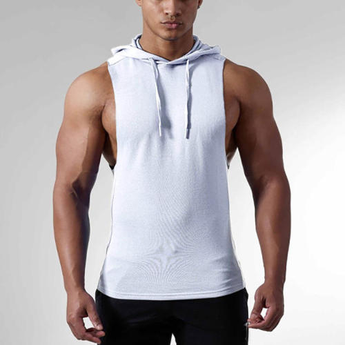 Men's Fitness Cotton European Code Solid Color Sleeveless Hooded Gym Tank Top