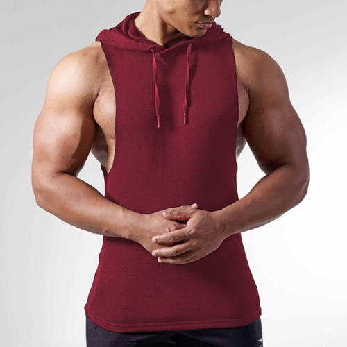 Men's Fitness Cotton European Code Solid Color Sleeveless Hooded Gym Tank Top