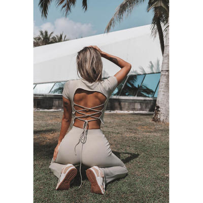 Custom Gym Wear Short Sleeve Fitness top with back tie Sexy Workout tank top For Women