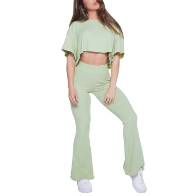 Women High Waisted Athleisure Style Flared Yoga Pants Ribbed Fabric Boot-cut Pants