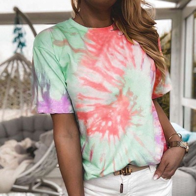 Women Crew Neck Casual Short Sleeve shirt, Tie Dye Print Loose T Shirt ,High Street Tees