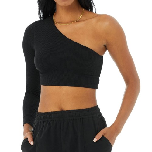 Wholesale Solid Color One Shoulder tank top Long Sleeve  Crop Top Women's yoga wear