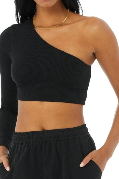 Wholesale Solid Color One Shoulder tank top Long Sleeve  Crop Top Women's yoga wear