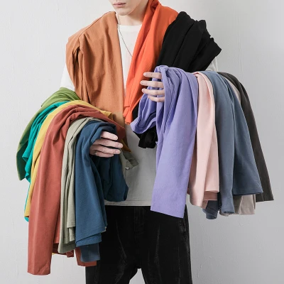 Long sleeve T-shirt men's cotton solid color loose large size top