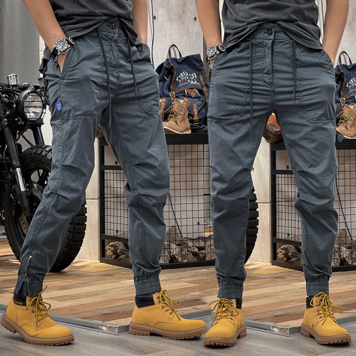 Autumn vintage style overalls elastic waist multi-pocket casual loose men jogger pants