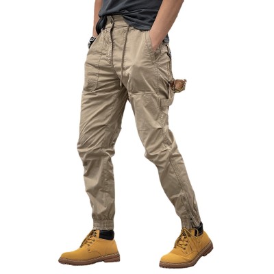 Autumn vintage style overalls elastic waist multi-pocket casual loose men jogger pants