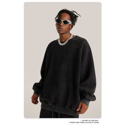 Winter loose version type washed round neck plus velvet thickened men's blank sweatshirt