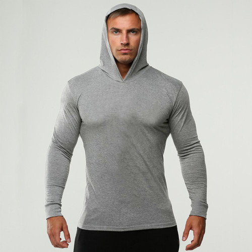 Fitness sports long sleeved cotton lightweight solid color hoodie for men