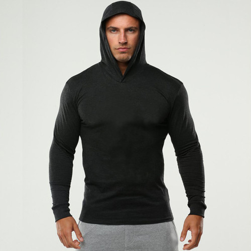 Fitness sports long sleeved cotton lightweight solid color hoodie for men