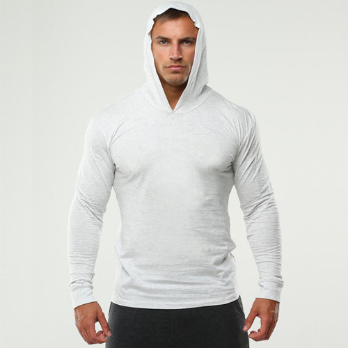 Fitness sports long sleeved cotton lightweight solid color hoodie for men