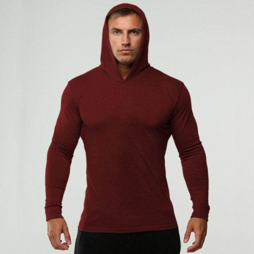 Fitness sports long sleeved cotton lightweight solid color hoodie for men