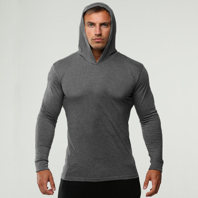 Fitness sports long sleeved cotton lightweight solid color hoodie for men