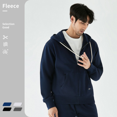 Plus fleece thickened bead fleece hooded draw rope hoodie solid color casual zipper men's jacket