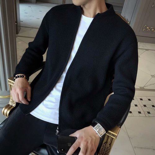 Autumn zipper cardigan knitted sweater slim trend British outside wear sweater coat men's jacket