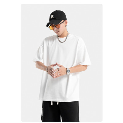 Summer cotton solid color short sleeve T-shirt loose large size men's wear