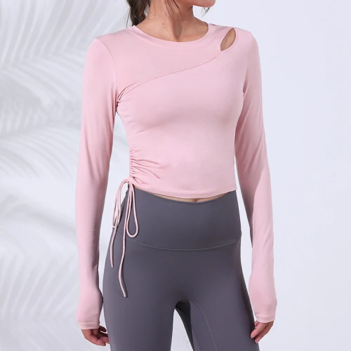 Women's Long Sleeve shirts crew Neck Top Drawstring Ruched women Tee