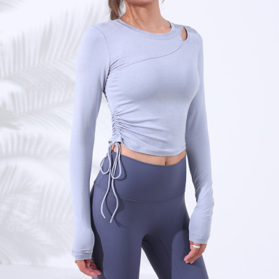 Women's Long Sleeve shirts crew Neck Top Drawstring Ruched women Tee