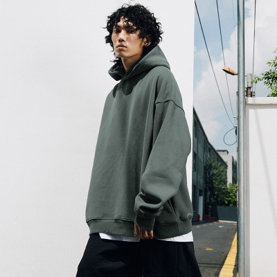 Plus fleece thickened hoodie off shoulder casual loose solid color hoodie for men