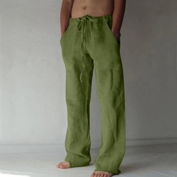 Men's casual wide leg pants net color lace-up cotton and hemp comfortable trousers