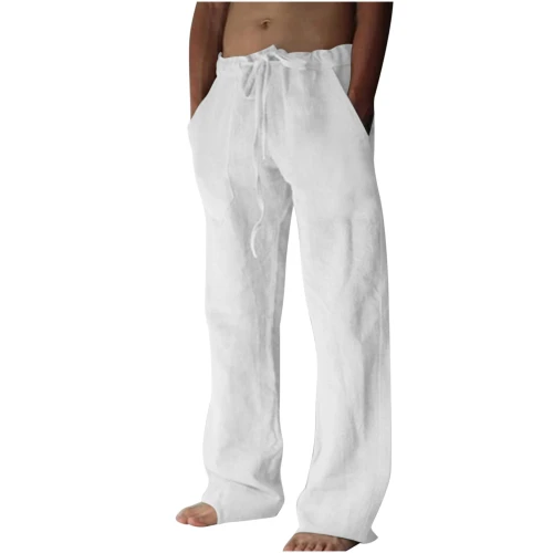 Men's casual wide leg pants net color lace-up cotton and hemp comfortable trousers