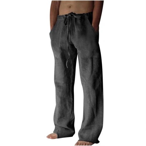 Men's casual wide leg pants net color lace-up cotton and hemp comfortable trousers