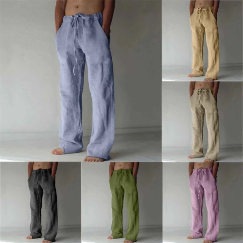 Men's casual wide leg pants net color lace-up cotton and hemp comfortable trousers