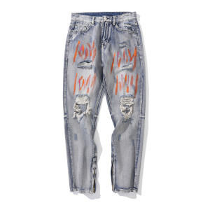 Ripped jeans men's hip hop slim small feet graffiti men's long pants
