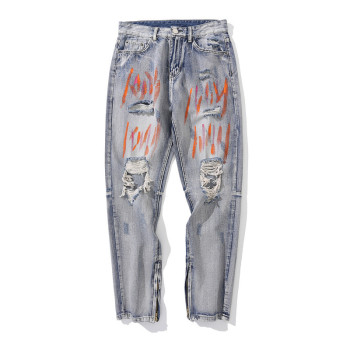 Ripped jeans men's hip hop slim small feet graffiti men's long pants