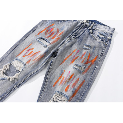 Ripped jeans men's hip hop slim small feet graffiti men's long pants