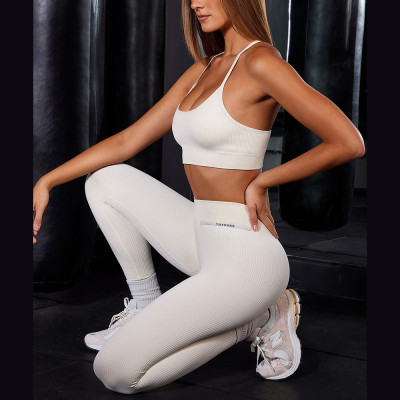 YYNS05 Custom Ribbed Yoga Set Gym Wear Scoop Neck Halter Sports Bra High Waist Ribbed Leggings