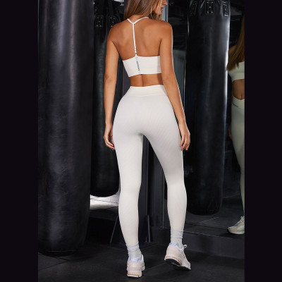 YYNS05 Custom Ribbed Yoga Set Gym Wear Scoop Neck Halter Sports Bra High Waist Ribbed Leggings