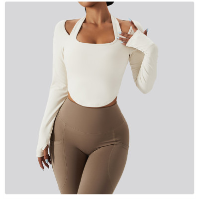 Women's gym shirts, Long Sleeve fitness Tee, Halter Neck T Shirt