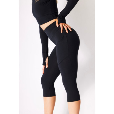 Tummy control solid color yoga capris for ladies with side pockets