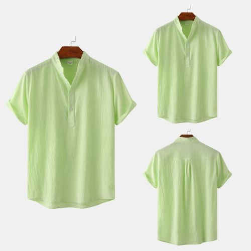 Summer men's cotton hemp stand collar casual short sleeve shirt men's beach T-shirt