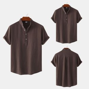 Summer men's cotton hemp stand collar casual short sleeve shirt men's beach T-shirt