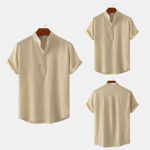 Summer men's cotton hemp stand collar casual short sleeve shirt men's beach T-shirt