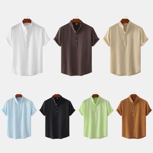 Summer men's cotton hemp stand collar casual short sleeve shirt men's beach T-shirt