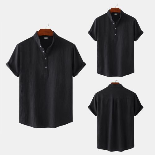 Summer men's cotton hemp stand collar casual short sleeve shirt men's beach T-shirt