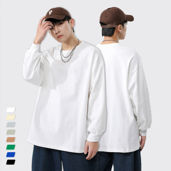 280g thick cotton texture loose pure color render high quality long sleeve sweater shirt for men