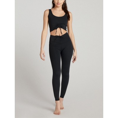 Criss cross ruched ankle leggings high rise adjustable waist full length yoga leggings