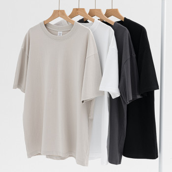 250g heavy weight T-shirt Men's Khaki Cotton off shoulder double yarn tide style crewneck men's solid color short sleeve