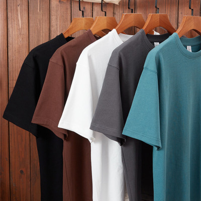 300g heavy street loose off shoulder T-shirt cotton men's solid color short sleeve large size men's T-shirt
